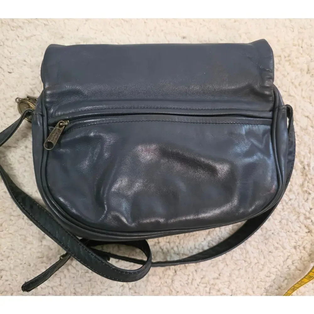 Vtg Stone Mountain Black Leather Cross Body Purse/Shoulder Bag 5 Compartment USA